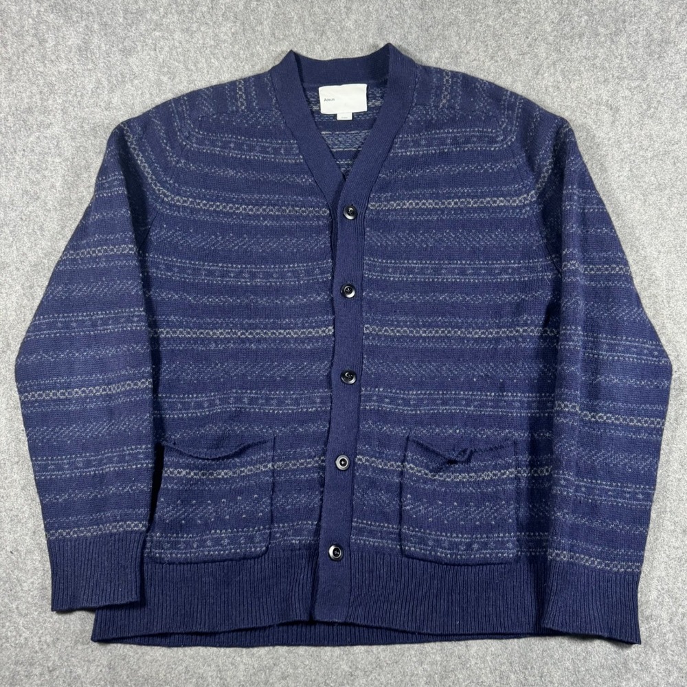 Adsum Cardigan Mens XL Navy Blue 100% Wool Fair Isle Knit Button Front Sweater